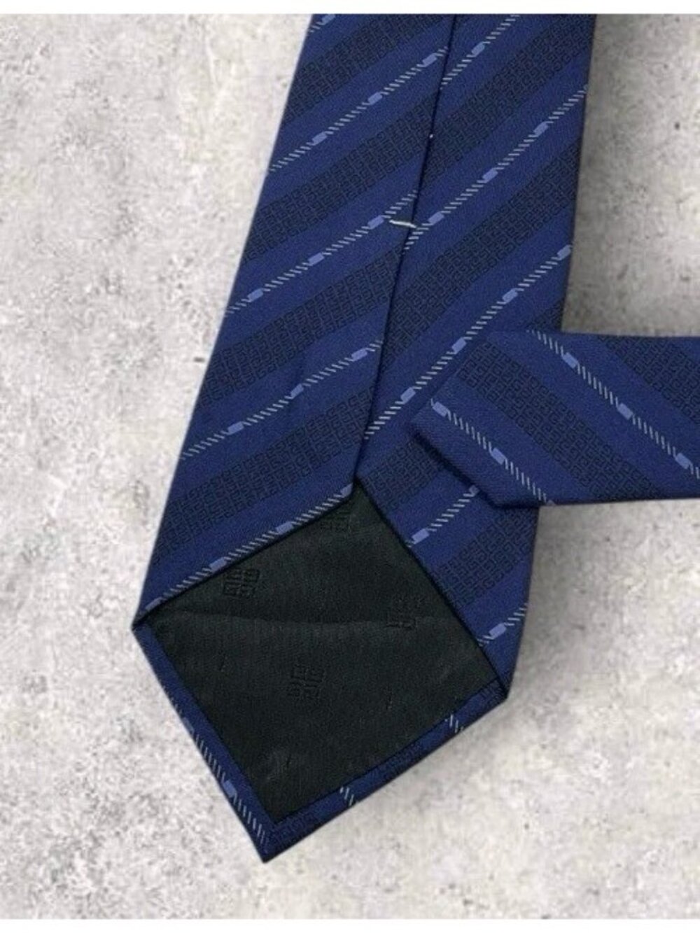GIVENCHY Silk Tie ITALY Navy Blue Striped Monogram Logo W:3.2" EUC - Picture 4 of 5